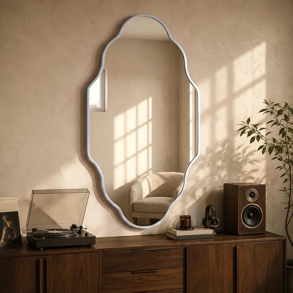 Scalloped Wall‑Mounted Bathroom Mirror, Vintage Framed Decorative Vanity Mirror for Bathroom Bedroom Living Room Wall Decor (Brushed Silver, 46" L x 26" W)