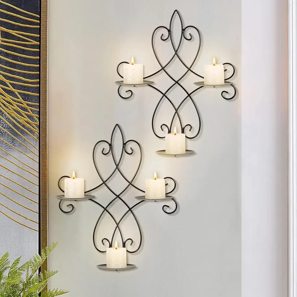 Set of 2 Black Metal Wall Mounted Candle Sconce Holders 14.4"×11.8"