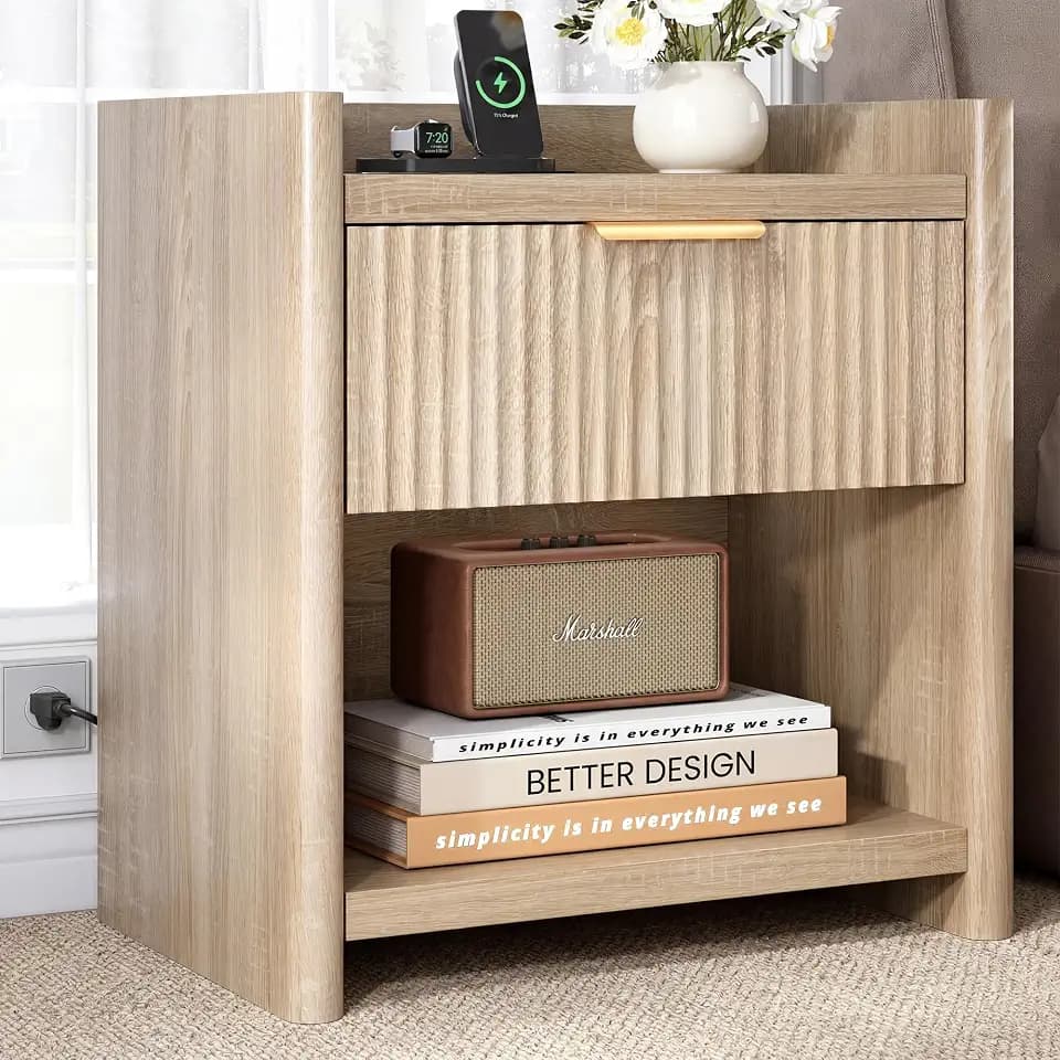 25.9" Fluted Nightstand with Charging Station, Large Modern Bedside Table with Storage Drawer and Metal Handle,End Table for Bedroom, Home Office(1 Pack, Natural Oak)