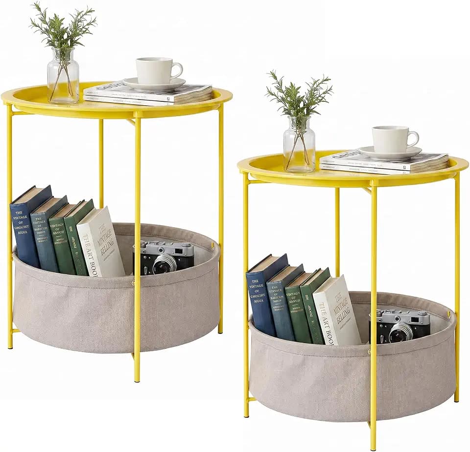 VECELO Round Side/End Table with Fabric Storage Basket,Metal Anti-Rust and Waterproof Small Bedside Nightstand with Removable Tray Top for Living Room,Balcony & Laundry,Yellow /2pcs with Basket