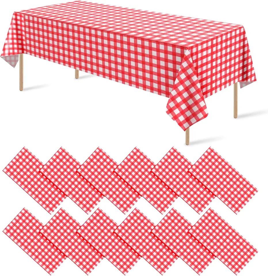 12 Pack Red and White Plastic Checkered Tablecloth, Premium Decorative Disposable Red Gingham Plaid Table Cloths for Parties, Rectangle Party Table Cover for Picnic Farm Birthday Wedding, 54x108 Inch