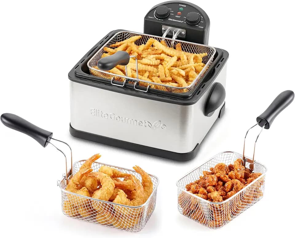 Elite Gourmet 4.5Qt Immersion Deep Fryer, 3 Baskets, 1700W, Adjustable Temp