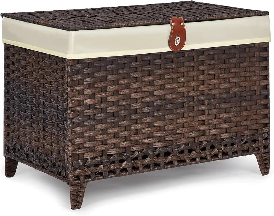 Wicker Storage Basket with Lid, 65L Shelf Basket with Removable Liner Bag