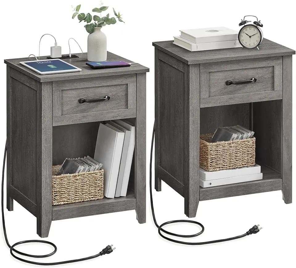 VASAGLE Farmhouse Nightstands with Charging Station, 1 Drawer, Set of 2