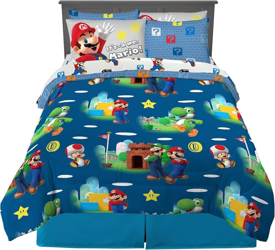 Franco Super Mario Bros. Kids Bedding Super Soft Comforter and Sheet Set with Sham, 7 Piece Queen Size, (Official Licensed Product)