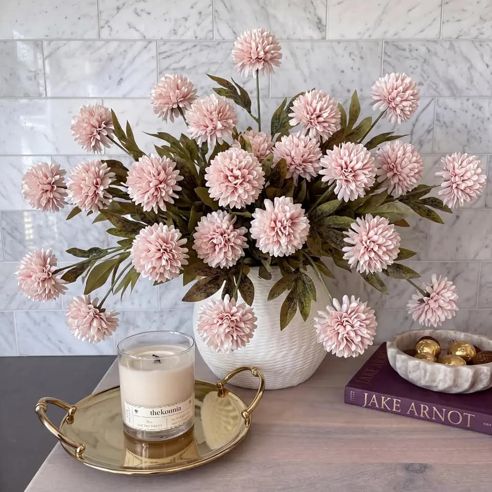 Knitgrip 8 Pcs Faux Silk Pom Pom Mum Artificial Flowers, Gray Pink