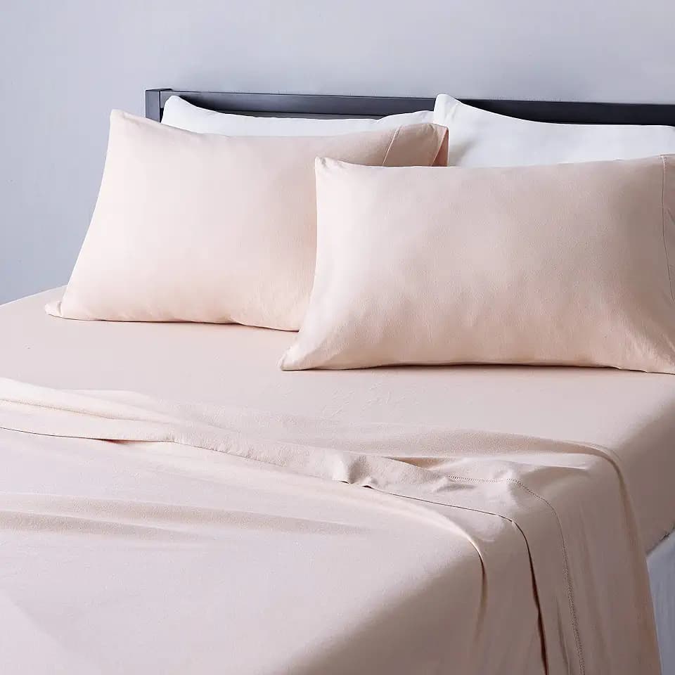 Amazon Basics 4 Piece Breathable, Stretchy Jersey Knit 100% Cotton Bed Sheet Set, Includes Flat and Fitted Sheets, Pillowcase, Full, Blush