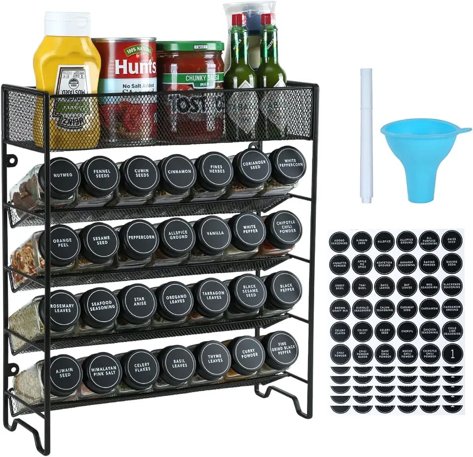 Skiileor Spice Rack Organizer with 28 Spice Jars, Black Lids, Spice Labels