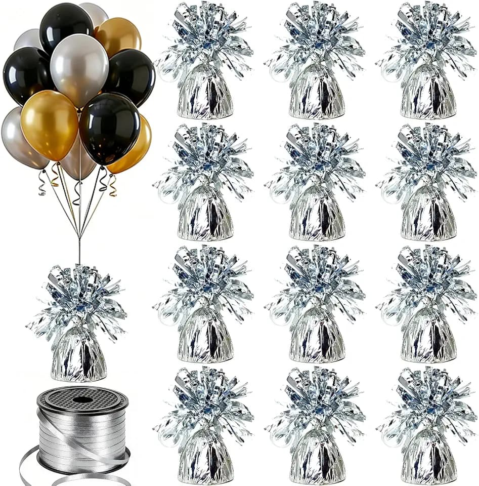 FUBININA 12 Pcs Balloon Weight Metallic Anchor with 1 Roll Ribbon Heavy Duty Aluminum Foil Balloon Holder Helium Balloon Stand Table Decor for Graduation Birthday Wedding Party Favor, Silver
