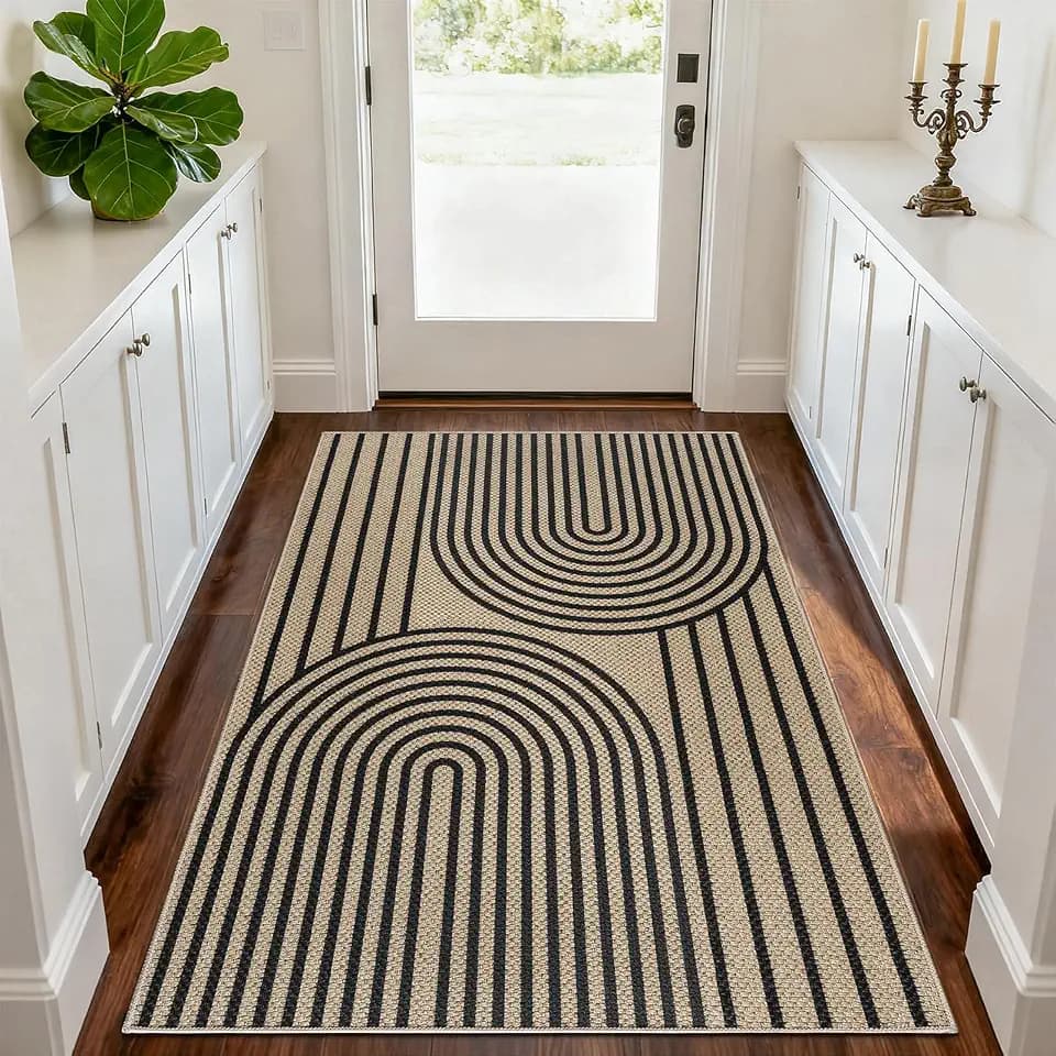 Faux Jute Rugs for Entryway, 3' x 5' Indoor Outdoor Rug, Black Farmhouse Washable Ultra-Thin Non-Slip Area Rug for Foyer, Backdoor, Living Room, Kitchen, Bedroom, Balcony