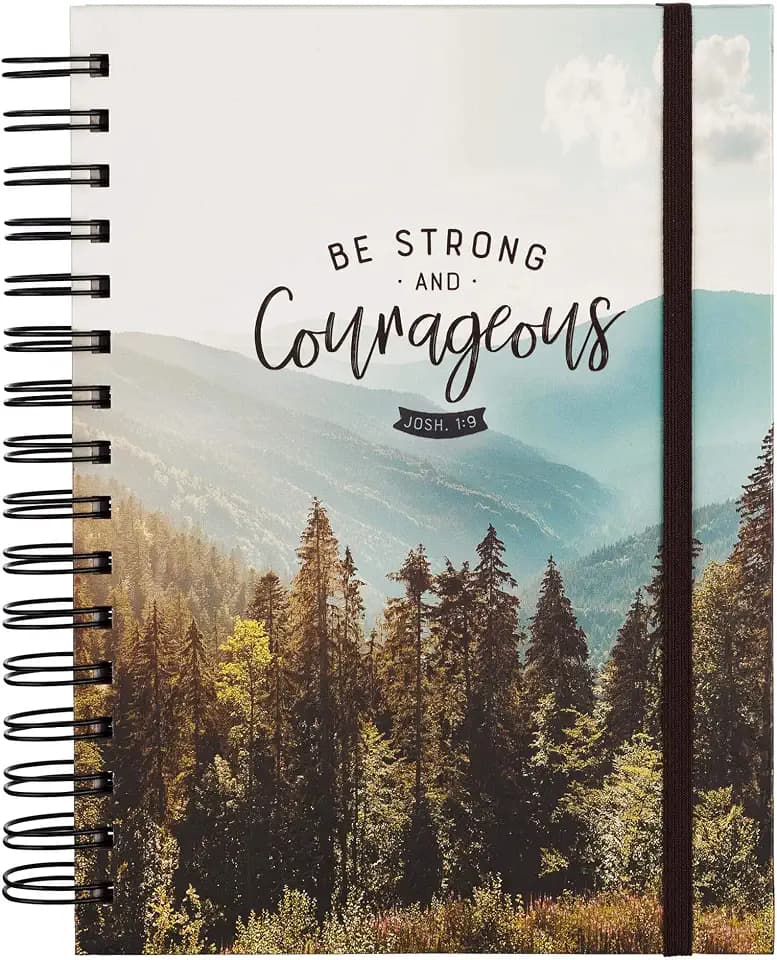 Christian Art Gifts Hardcover Journal, Be Strong and Courageous Jsohua 1:9 Bible Verse, Scenic Mountain Inspirational Wire Bound Spiral Notebook Elastic Closure Lined Pages w/Scripture, 7 x 8.5