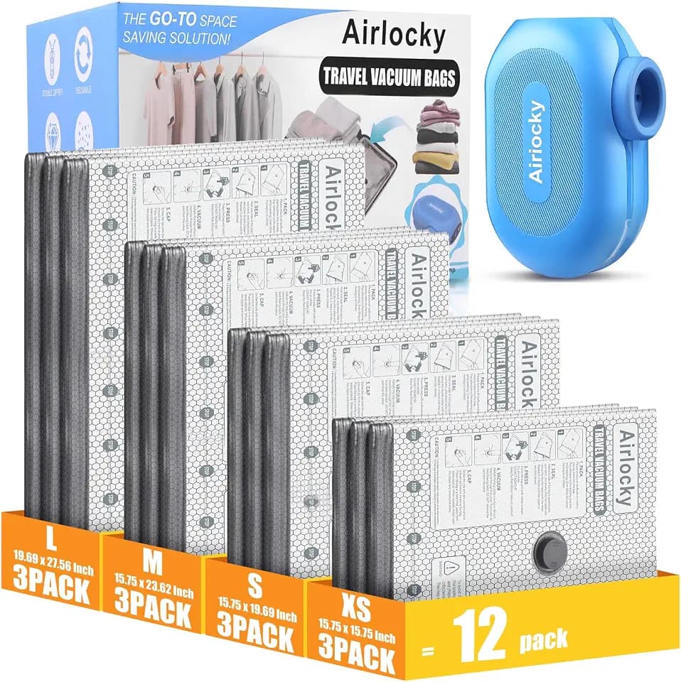Airlocky Travel Vacuum Bags with Rechargeable Pump, 0012 Pack Compression Packing Bags with 35KPA Electric Pump, 90% Space Saver for Clothes, Vacuum Seal Bags fo Carry-on Luggage Suitcase