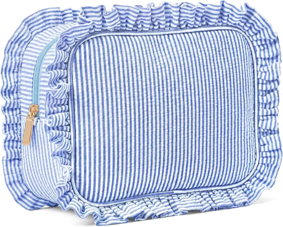 Sanwuta Seersucker Ruffle Makeup Bag Large Stripe Cosmetic Bags,Blue