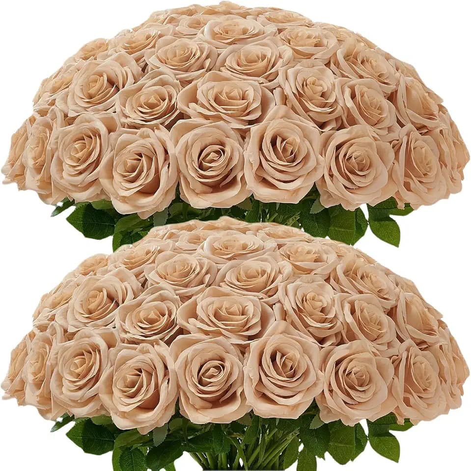100 Pcs Artificial Roses Bulk Silk Beige Roses Tan Roses for Wedding Centerpieces Bridal Bouquet Mohter's Day Valentine's Day Home Decor