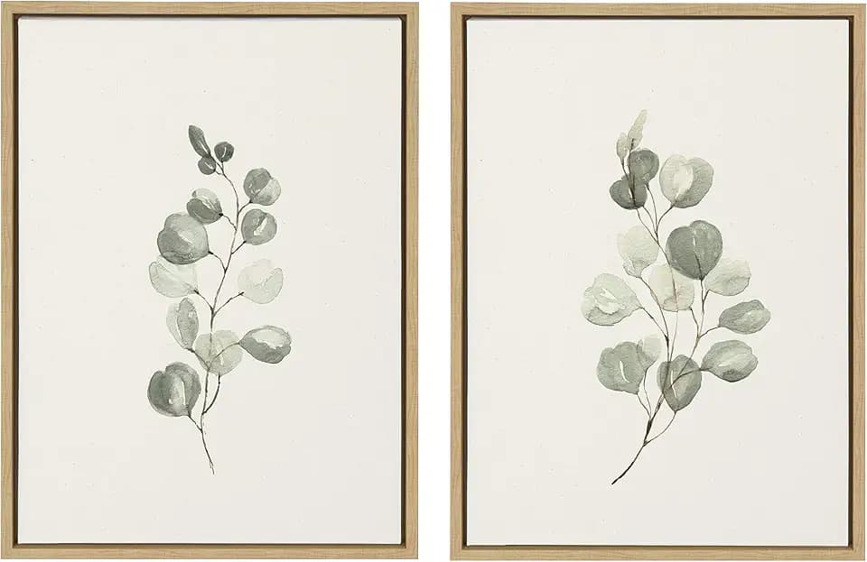 Kate and Laurel Sylvie Eucalyptus Framed Linen Textured Canvas Wall Art Set by Maja Mitrovic, 2 Piece 18x24 Natural, Sophisticated Botanical Art for Wall