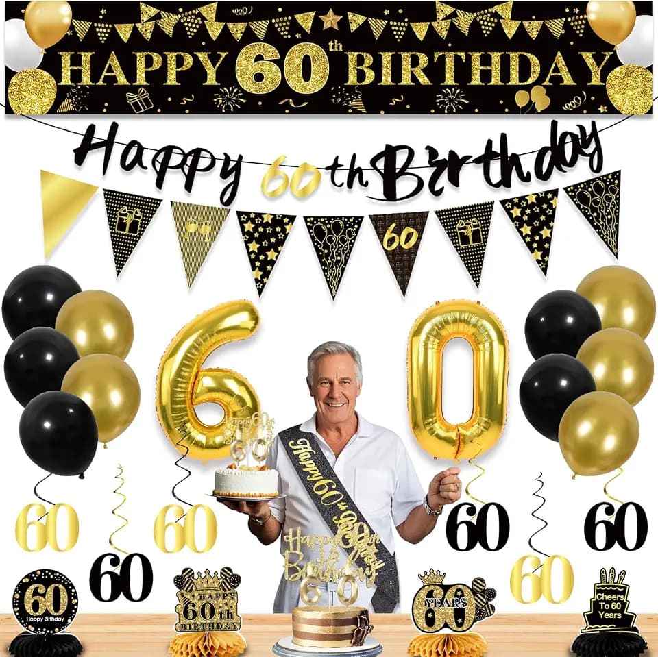 60th Birthday Decorations for Men, Black Gold 60th Party Decoration Kits