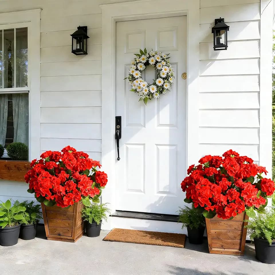 12 Pcs Artificial Flowers for Outdoors, Fake Outdoor Flowers, Red Artificial Geraniums Plastic Flowers, Fake Plant for Outside, Silk Faux Flowers for Outdoor UV Resistant for Front Porch