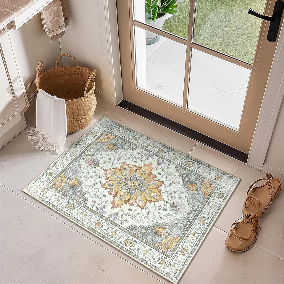 RELEANY Washable Area Rug, Small 2'x3', Beige/Carbon Grey/Orange
