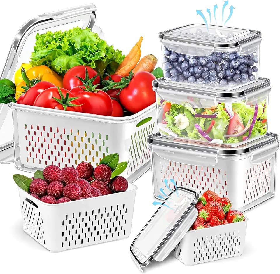 4Pack Fruit Storage Container for Fridge with Removable Colander and Vent