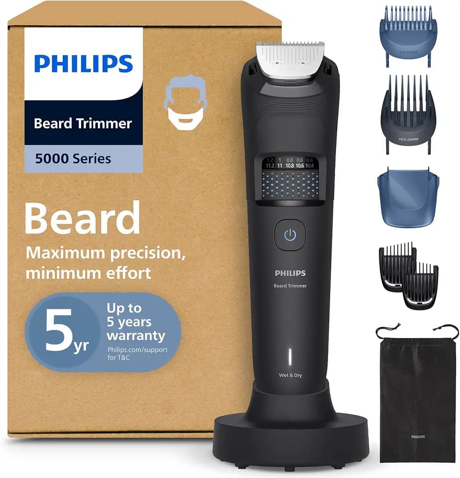 Philips Bartschneider 5000er-Serie – selbstschärfende Metallklingen, 40 Längeneinstellungen, BeardSense-Technologie, Haarkollektor, 100% wasserdicht, Übergangskamm, Reiseetui, Modell BT5785/30