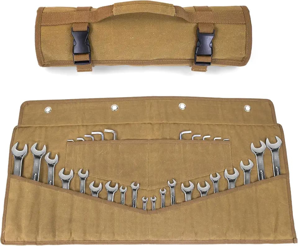 Wrench Roll 30 Pockets, Heavy-Duty 16 oz. Waxed Canvas Wrench Organizer Bag Holds Wrench Wrap for Metric and SAE Wrenches, Wrench Pouch with Buckles and Handle, Sturdy Wrench Tool roll