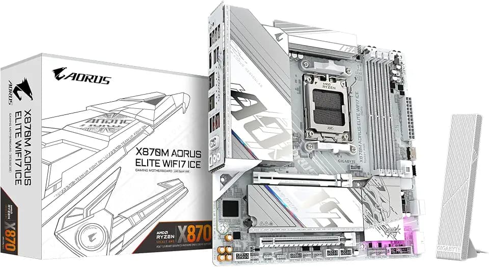 GIGABYTE X870M AORUS Elite WIFI7 Ice Mainboard – Unterstützt AMD Ryzen 9000 CPUs, digitales 14+2+2-Phasen-VRM, bis zu 8200 Hz DDR5 (O.C), 1× PCIe 5.0 + 1× PCIe 4.0, Wi-Fi 7, 2.5-GbE-LAN, USB 4