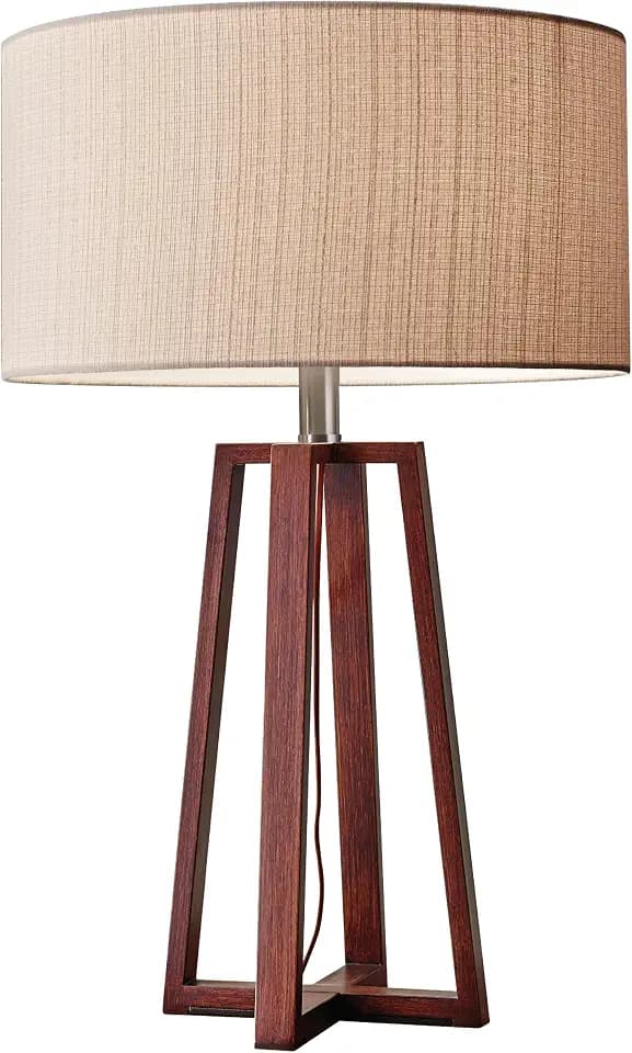 Adesso Table Lamp, Walnut Wood & Natural, 3-Way, Linen Shade, 23.75”