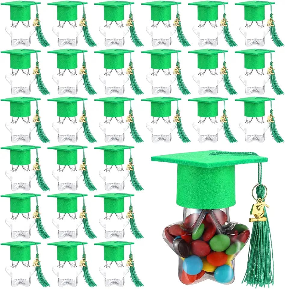 48 Set Graduation Cap Candy Jars 2026 Graduation Party Favors Candy Boxes Containers Plastic Grad Cap Jars Container with Tassels Pendant for DIY Table Party Supply Gifts(Green)