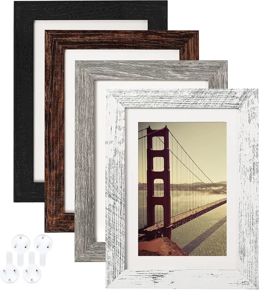 BAIJIALI 5x7 Picture Frame Distressed Farmhouse Wood Pattern Set of 4,Display 4x6 with Mat or 5x7 Without Mat,Multicolour