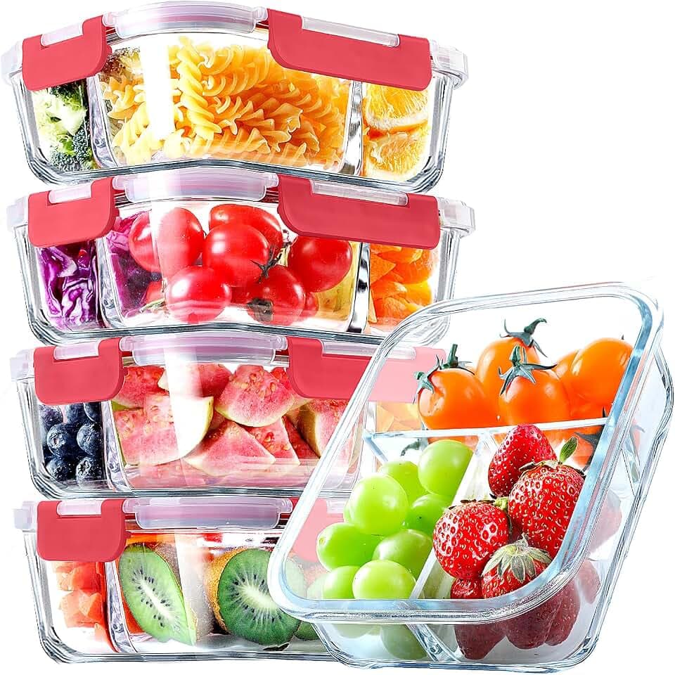 VERONES 5 PACK 36 OZ Glass Food Storage Containers 3 Compartment Set, Red