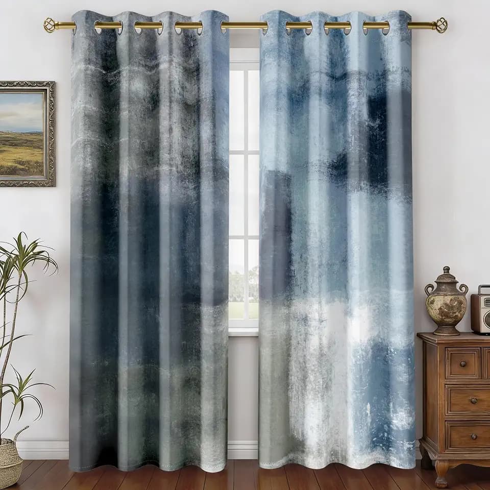 Dusty Blue Abstract Curtains for Living Room Bedroom, 52W x 63L, 2 Panels