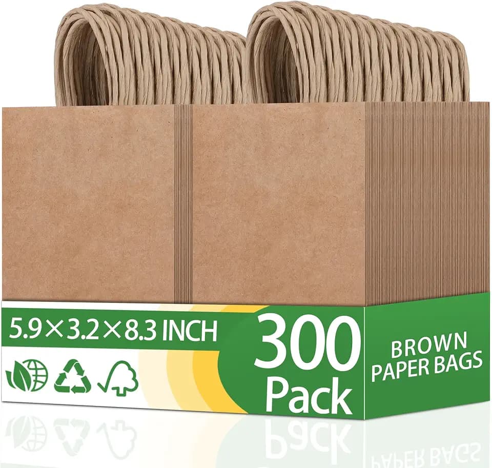 OEMVALATY 300 Pack 5.9x3.2x8.3 Inch Small Brown Paper Bags with Handles Bulk, Kraft Paper Gift Bags for Birthday Party Favors Grocery Retail Business Shopping Merchandise Blank Craft Sacks (300Pcs)