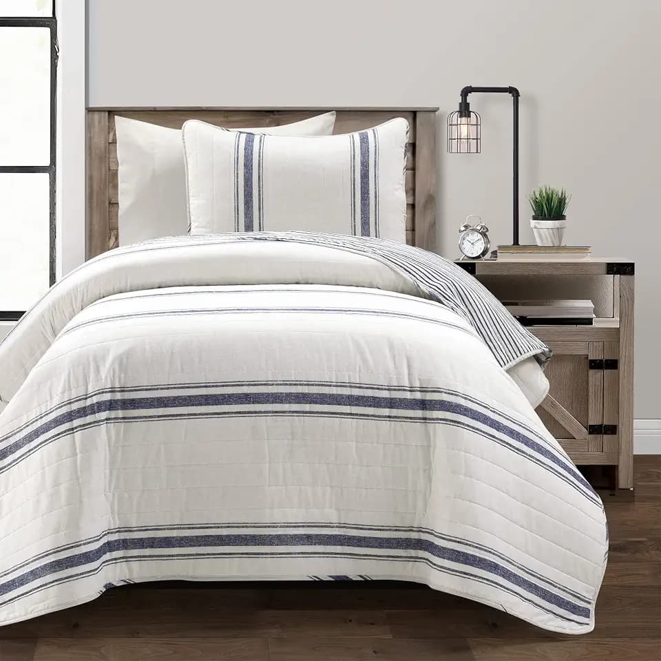 Lush Decor Farmhouse Stripe Reversible Cotton Quilt Twin XL Size, 2 Piece Set Navy - Farmhouse Bedding Set Twin XL - College Dorm Essentials