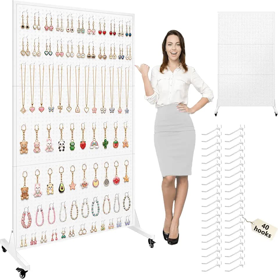 Royxen 70 x 44 Inch Metal Pegboard with 40 Hooks, Large Standing Pegboard Display with T-Base, Peg Board Display Stand with Wheels, Art Display Stand for Retail Stores Exhibitions Homes (White)