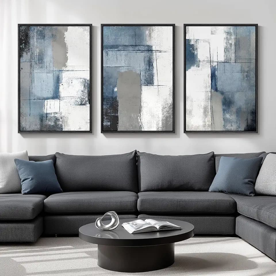Large Framed Blue and Gray Abstract Wall Art for Living Room, 3 Piece 24x36