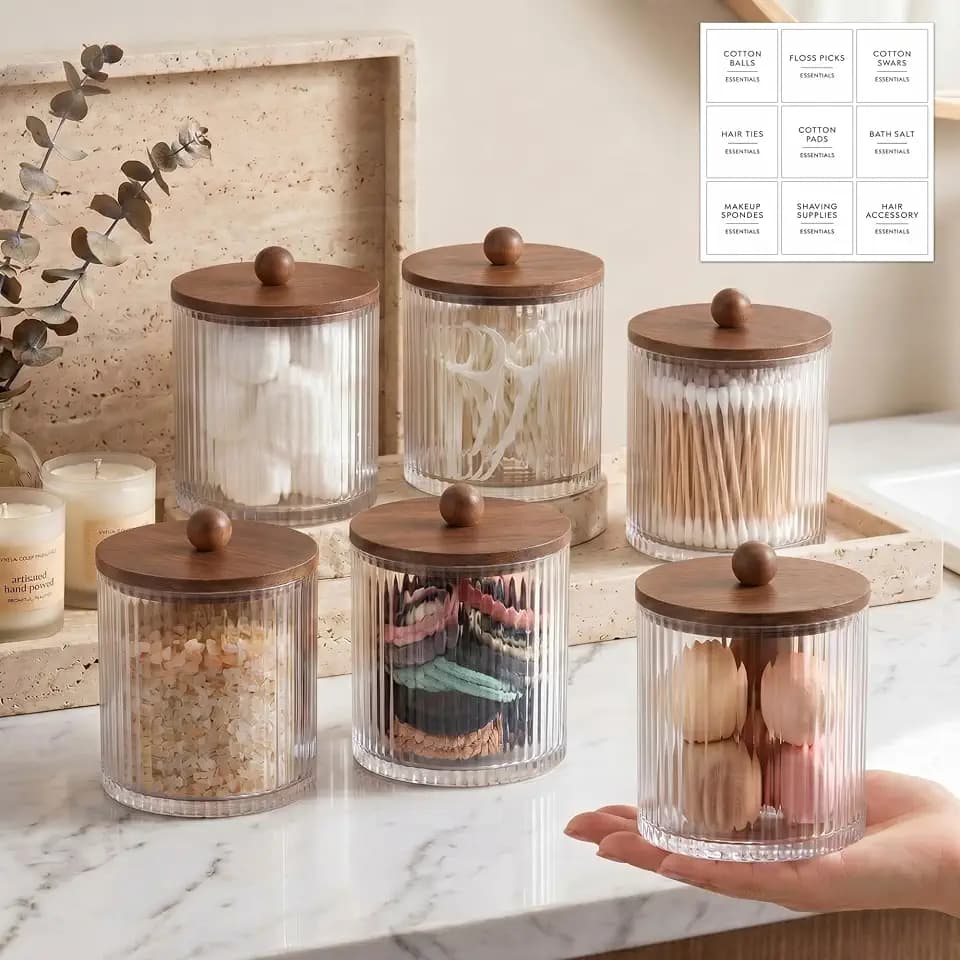 6 Pcs Plastic Holder Dispenser Bathroom Jars Bamboo Lids 18 oz, Brown