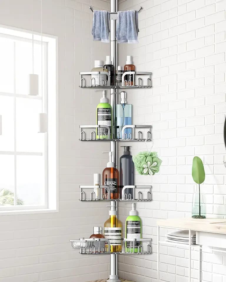 Corner Shower Caddy Tension Pole 4 Tier Adjustable Stainless Steel Shower Shelf for Inside Shower Bathtub Shampoo,Standing Bathroom Organizer Shelves with 26 to 120 inch Height