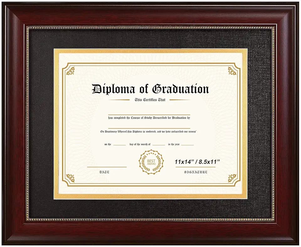 GraduatePro 8.5x11 Diploma Frame with Black Over Gold Mat or Display 11x14 Document without Mat, CPA License Frame, UV Protection Acrylic, Mahogany with Gold Beads