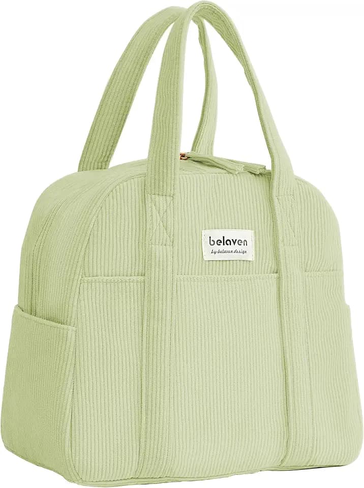 Insulated Lunch Bag for Women, 6-Hour Cold Retention Cooler Tote with Sturdy Handle, 15-Can Spacious Capacity, Leakproof Corduroy Fabric & Aluminum Foil Lining, (Green)