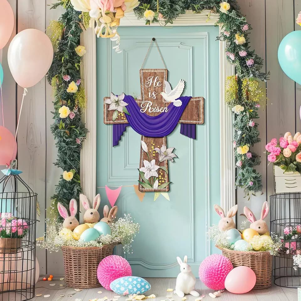 BBTO Easter Door Sign He Is Risen Hanging Decor Religious Cross Sign Easter Wreaths for Front Door Christian Flowers Lent Hanging Hanger for Farmhouse Front Porch(Cross,15.75 x 19.69 Inches)