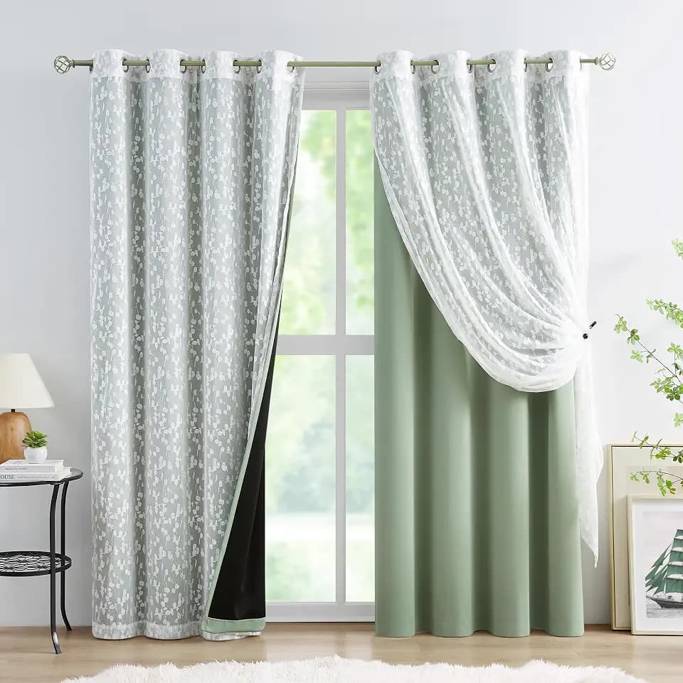 Mix Matched Green Full Blackout & Sheer Leaf Lace Curtains 52"Wx84L 5Panels
