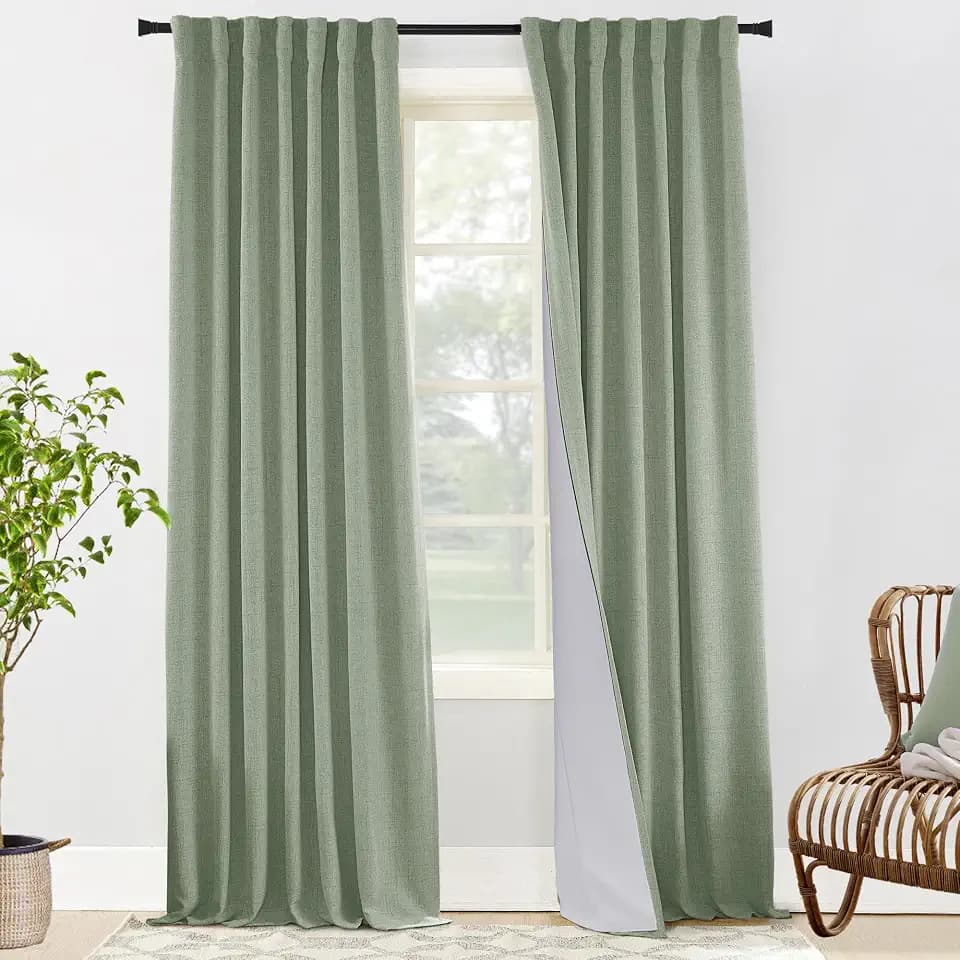 Sage Green Linen Blackout Curtains 96 Inch Long 2 Panel Set, Pleated Drapes with Hooks for 8FT Floor to Ceiling or Track System, Black Out Window Drapery for Bedroom Living Room