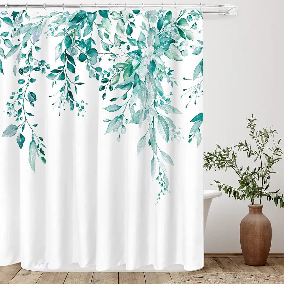 Tititex Teal Eucalyptus Shower Curtain Sets, Watercolor Turquoise Leaves on the Top Plant with Floral Bathroom Decoration 72x84 Inch with Hooks