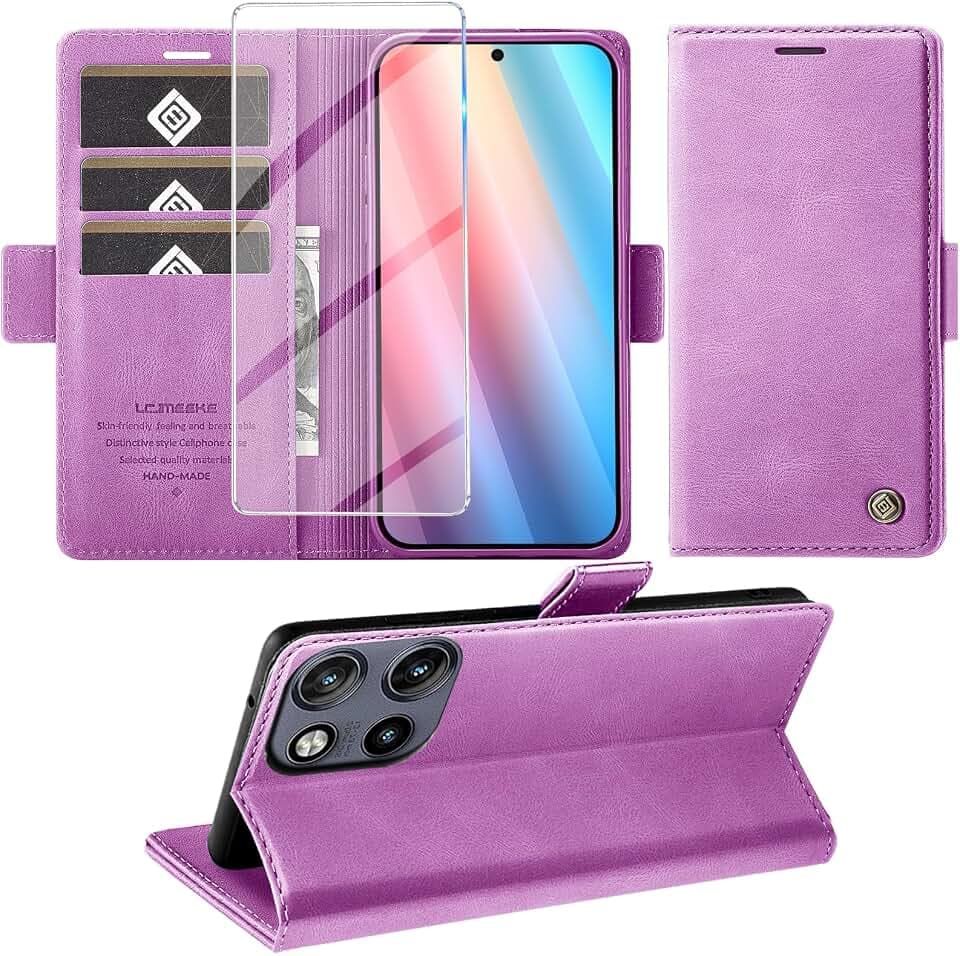 Giyer Schutzhülle für Motorola Moto Edge 50 Neo, Schutzhülle mit gehärtetem Glas, Premium-PU-Leder, Kartenfächer, Diebstahlschutz, Standfunktion, Flip Case Edge 50 Neo 5G Cover (Lila)