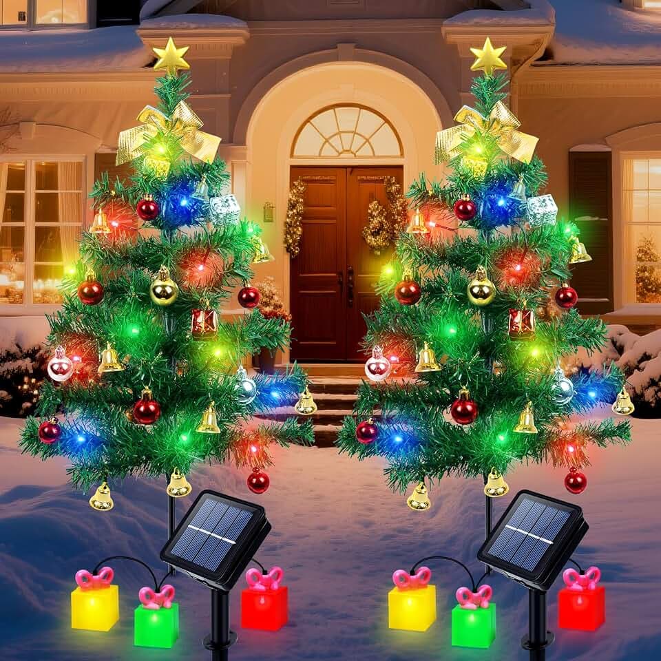 Qoosea 2 Stück Solar Weihnachtsbeleuchtung für Außen, Weihnachtsbaum Lichterketten mit Geschenkbox Lampen, IP65 Wasserdichte Solar Gartenleuchten, Weihnachtsdekoration für Terrasse, Gehweg, Hof, Rasen