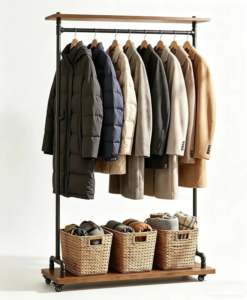 Industrial Pipe Clothing Rack, Wood Clothes Rack, Rolling Garment Rack