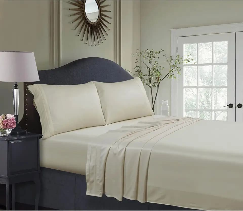 Tribeca Living Sateen Weave King Size Set - 100% Rayon from Bamboo with 300 Thread Count - Cooling Deep Pocket Fitted Sheet for Mattresses Up to 21 Inches in Ivory
