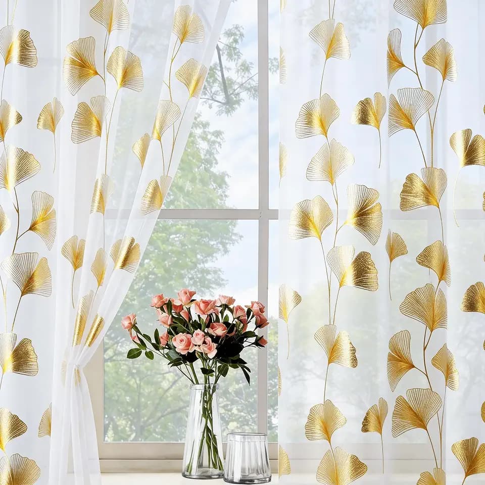 Gold Foil Print Sheer Curtains 84 inches Long, 2 Panels Ginkgo Bronzing Treatment Sheer Curtain, Rod Pocket Window Treatment Panels for Bedroom Living Room