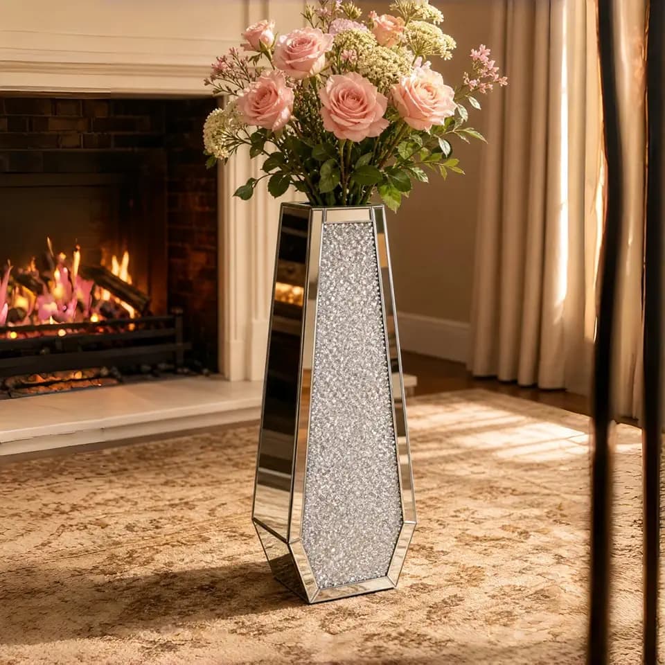 30" Large Double Sided Crushed Diamond Vases,Six Sided Diamond Shape Vase,Tall Silver Mirrored Vase for Floor, Crystal Decorative Vase for Home,Office,Hotel (Silver,10.6" Lx5.3 W x30 H)