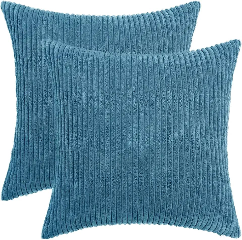HWY 50 Blue Corduroy Throw Pillow Covers 20x20 Inch, Set of 2, Soft Cozy Decorative Cushion Cases for Couch Sofa Bed Living Room, Boho Striped Home Decor
